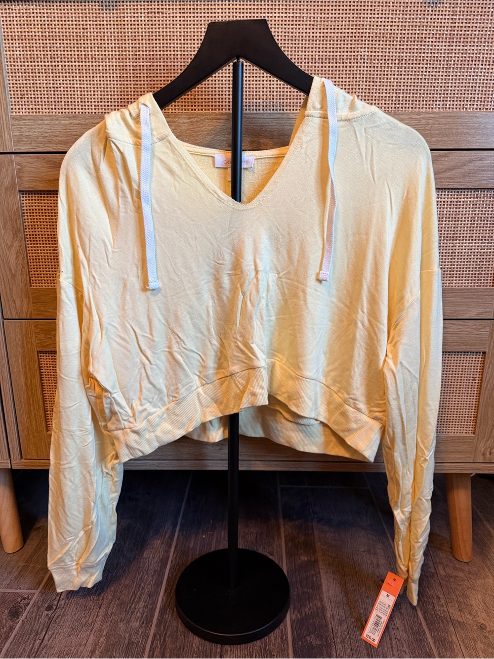 Colsie Light Yellow Cropped V-Neck Hoodie with White Drawstrings